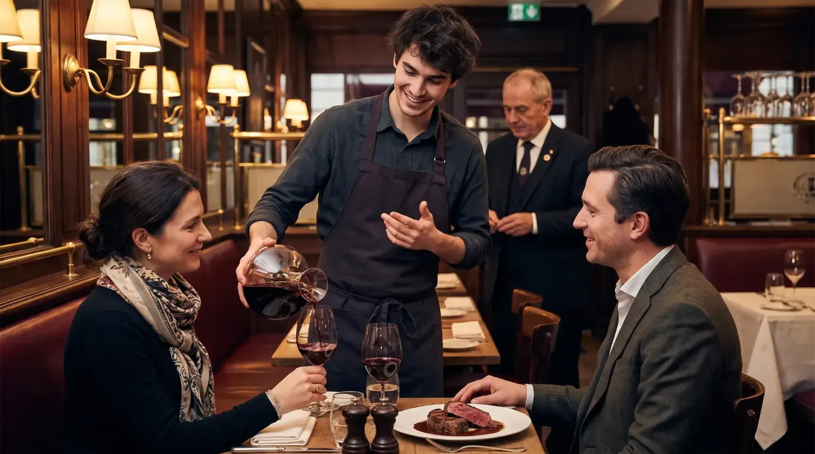 Server recommending wine to a guest at a restaurant table