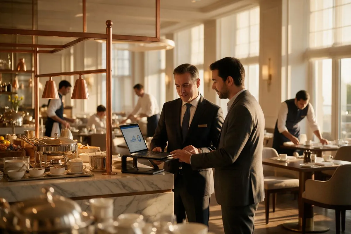Ein F&B-Manager im Hotel und ein IT-Integrator prüfen im Hotelrestaurant ein Dashboard