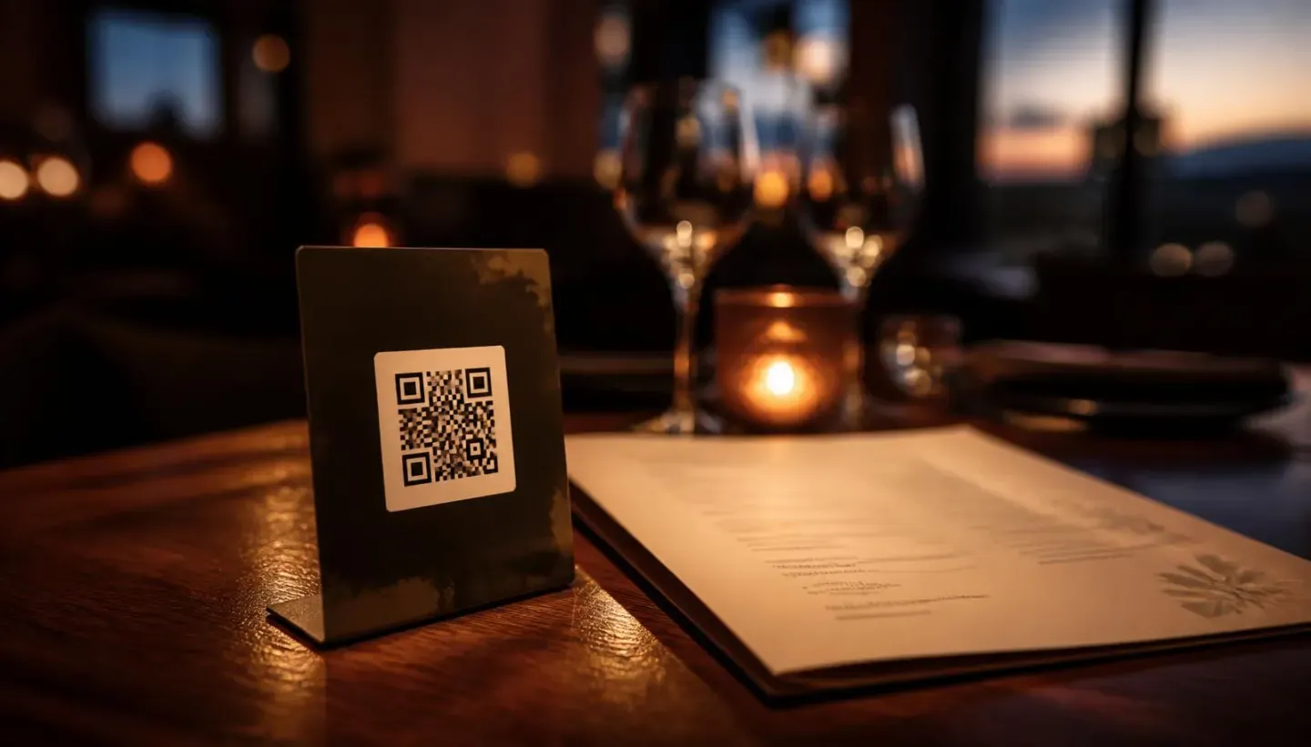 Un présentoir à code QR sur une table de restaurant, à côté d’une carte papier