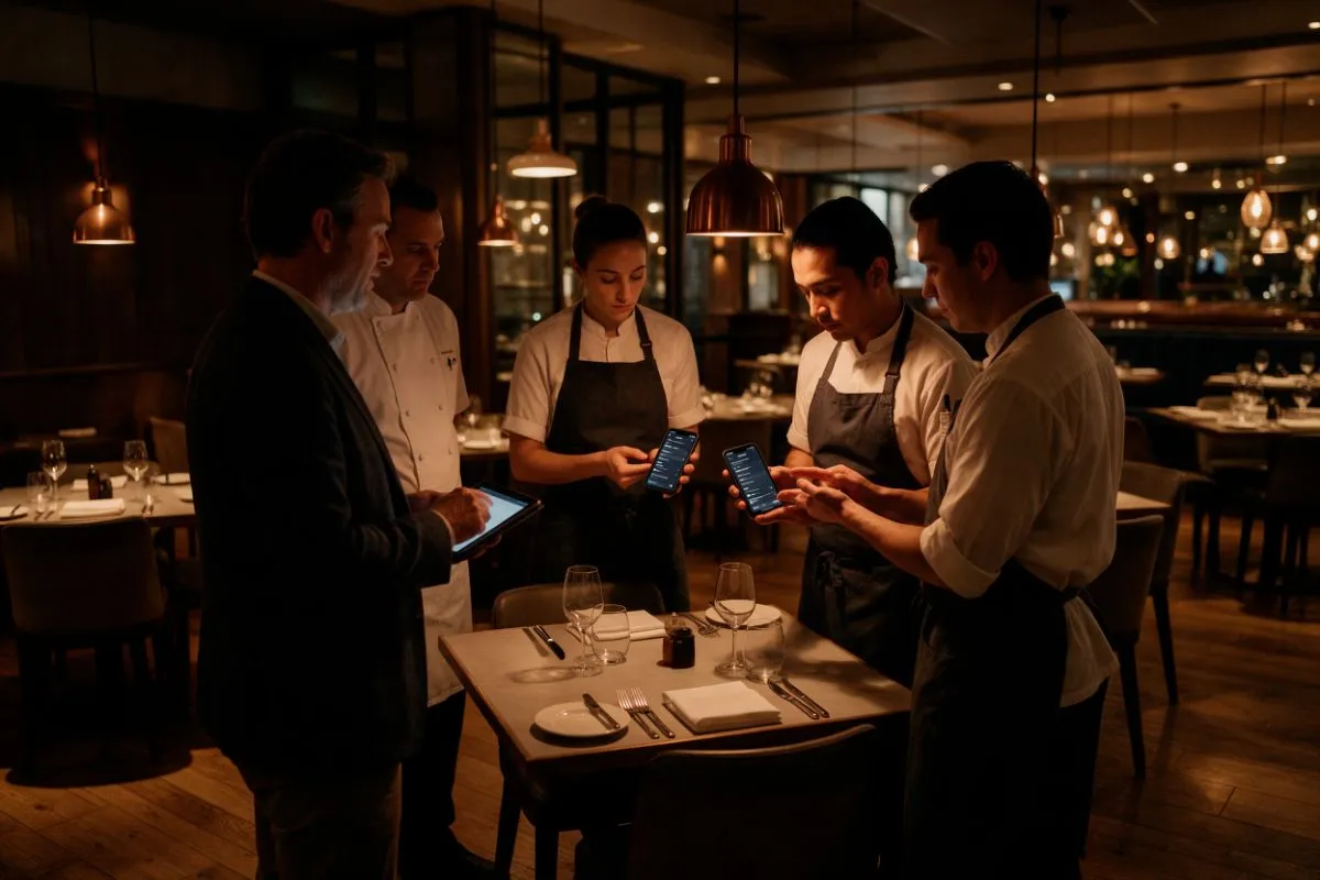 Ein F&B-Berater brieft Kellner und Küchenchef vor dem Service