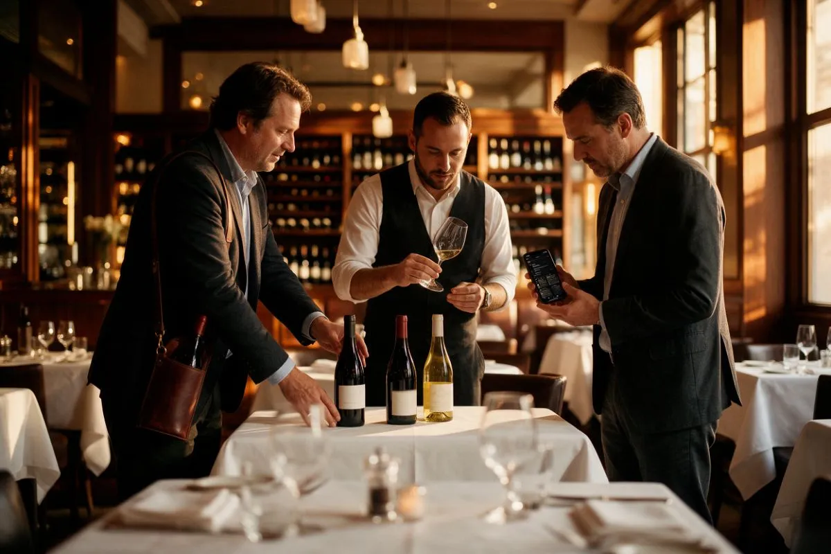 Ein Weinimporteur präsentiert einem Sommelier und einem Restaurantleiter Flaschen
