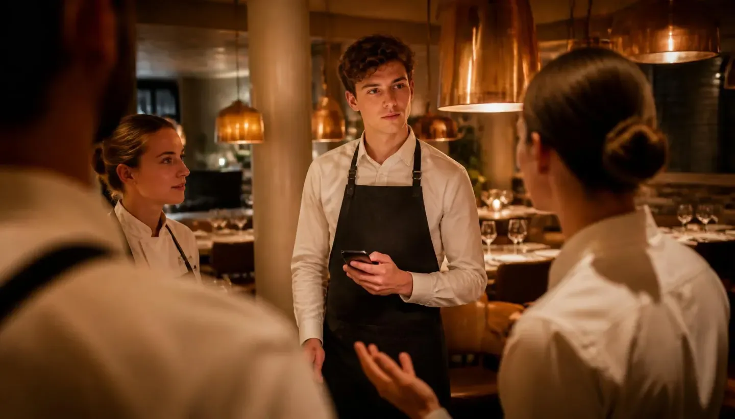 Des serveurs lors d’un court briefing avant le service