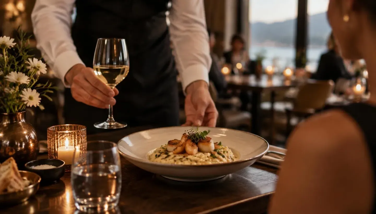 Camarero llevando una copa de vino blanco para probar junto a un risotto de marisco