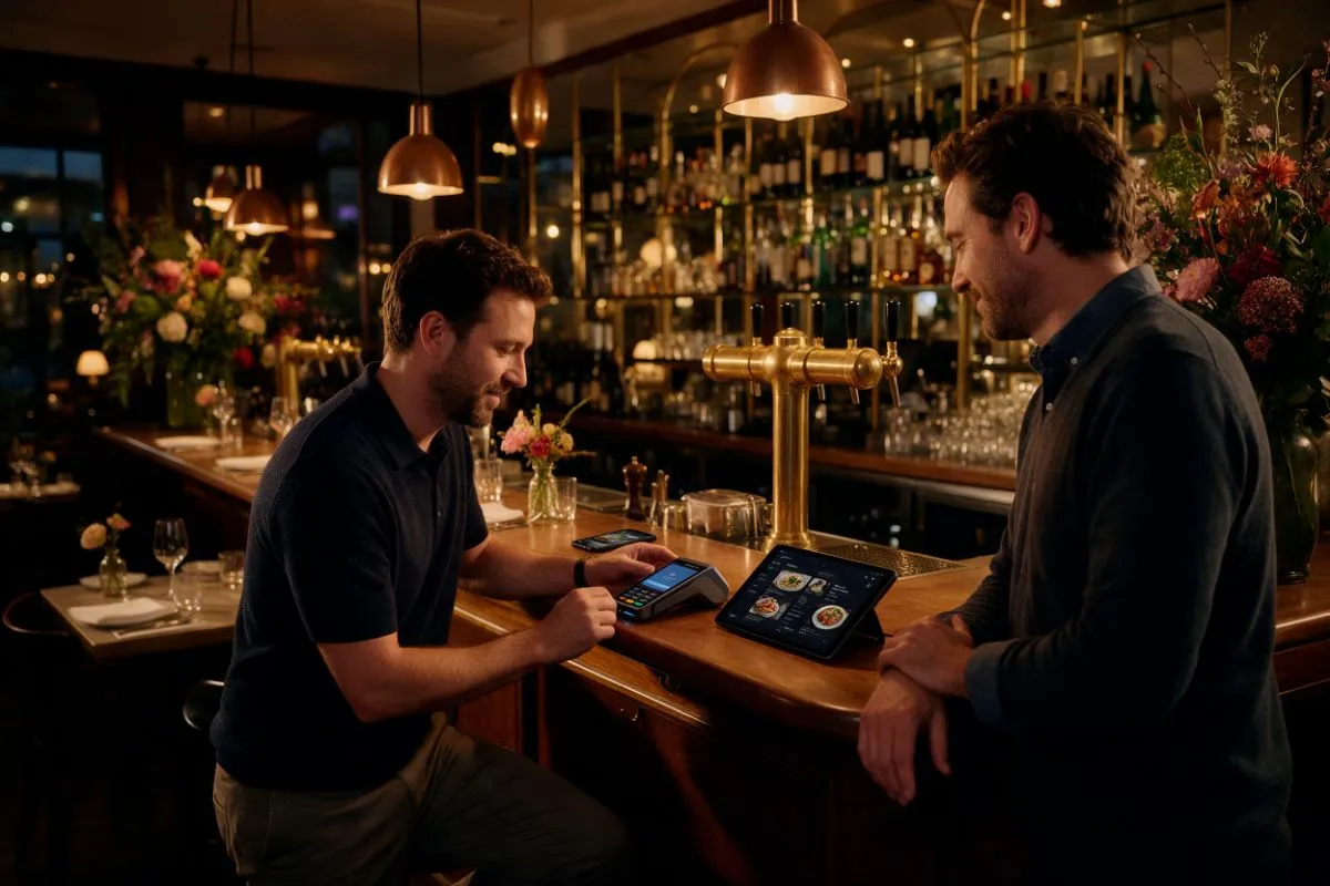Ein Kassenvertreter installiert ein Kartenterminal an einer Restaurantbar, der Inhaber schaut zu